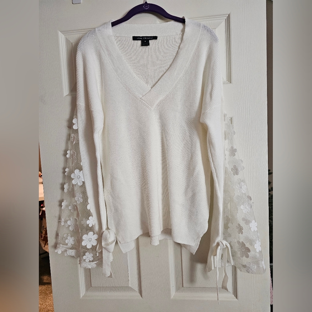 French Connection White V-Neck Sweater with Floral Sleeves